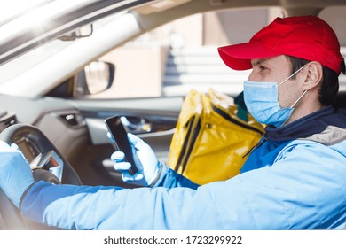 Food Delivery Man In A Protective Mask And Gloves With A Thermo Backpack Near A Car During The Quarantine Period