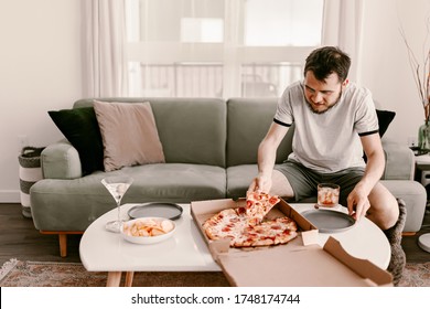 Food Delivery. Ordering Dinner Online From The Restaurant. New York Style Pizza And Movie Night. Family Meal At Home. Pepperoni And Cheese Topping. Cardboard Box. Friday Party. Comfort Food.