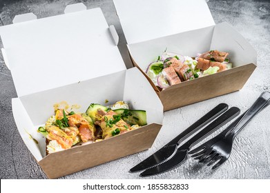 Food delivery paper box for breakfast with sandwich. White background. Top view