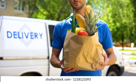 Food Delivery Service, Male Worker Holding Grocery Bag, Express Food Order