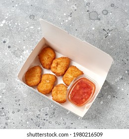 Food Delivery, Takeaway Food In Paper Containers With Hot Chicken Nuggets. Menu And Logo Mockup. Top View.