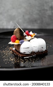 food dessert elegant restaurant plate plack background close up gourmet exclusive sweet chocolate fruit colour