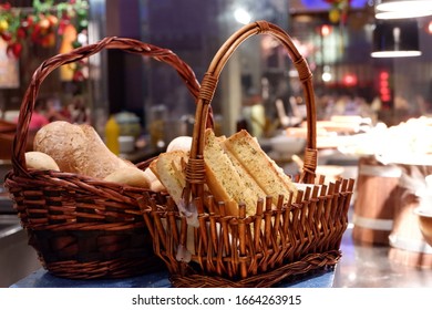 Food Display At Restaurant In Selective Focus. 