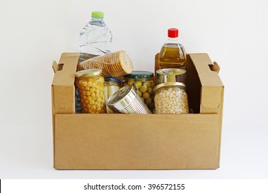 Food In A Donation Box, Isolated In A White Background