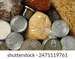 Food donations on wooden background