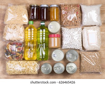 Food Donations On Wooden Background, Top View