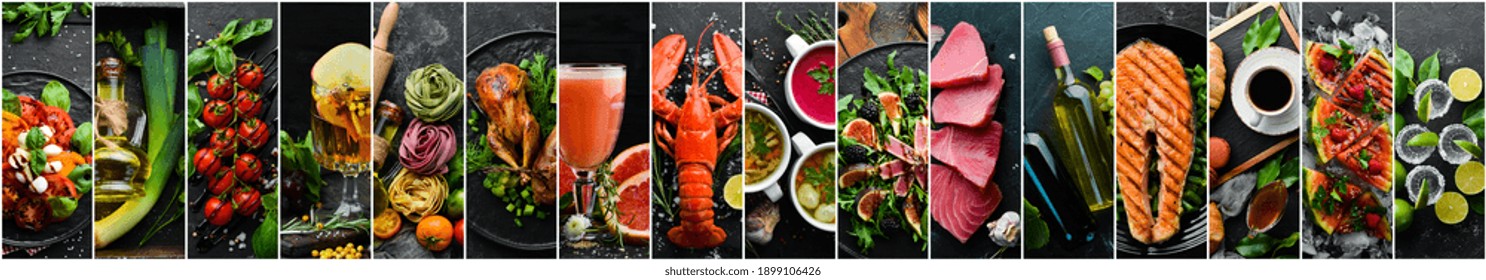 Food And Drink. Big Photo Collage: Drinks, Cocktails, Meat, Fish, Vegetables And Fruits On A Black Stone Background. Banner.