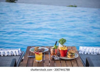 Food And Drink On The Table Pool Side In Holiday Bodrum Hotel Cocktail 