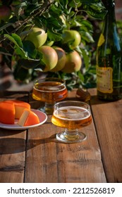 Food And Drink Pairing, Apple Cider In Glasses Produced On Organic Farm From Bio Apples In Normandy, France And Farmers Cheddar Cheese From England