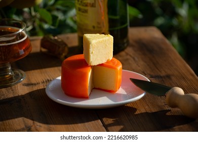 Food And Drink Pairing, Apple Cider In Glasses Produced On Organic Farm From Bio Apples In Normandy, France And Farmers Cheddar Cheese From England