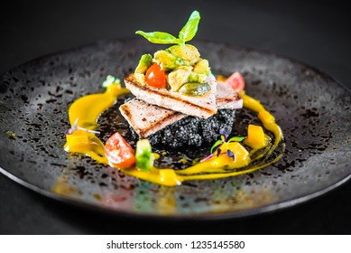 food elegant gourmet elegant black plate fish rice risotto exclusive fine