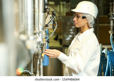 Food Factory Woman Worker Is Holding A Tablet At Work. Engeneer Woman On A Product Factory