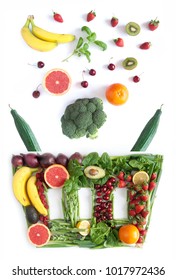 Food Falling Into A Grocery Basket Made Of Food Over A White Background 