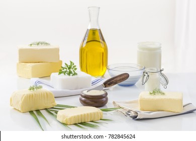 Food Fats: Set Of Dairy Product And Oil On White Background