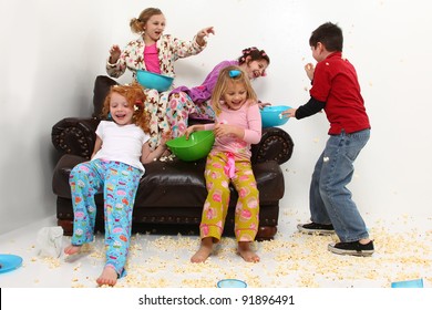 Food Fight With Brother At Girl's Pajama Party Sleep Over With Popcorn Mess.