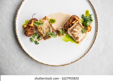 food fish dish elegant chef lunch fillet eat black background plate table gourmet elegant exclusive salmon modern sauce