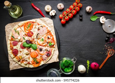 Food Frame - Italian Pizza With Ingredients And Spices On Dark Background. Flat Lay, Top View.