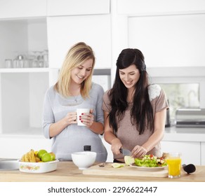 Food, friends and women in a kitchen with salad, vegetables and bonding in their home together. Fruit, vegetarian and females preparing healthy snack for lunch, talking and happy in their apartment - Shutterstock ID 2296622447