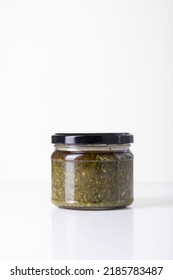 Food Glass Container Pesto Sauce Short Jar With Black Cover