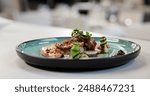 Food, gourmet meal and fine dining on plate for display, luxury and fancy restaurant. Healthy protein, vegetables or presentation of dinner closeup in culinary school, catering service or hospitality