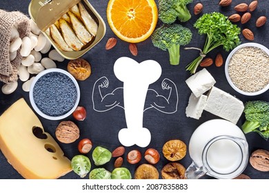 Food for healthy bones, calcium sorce. Foods as sardines, bean, dried figs, almonds, cottage cheese, milk, hazelnuts, parsley leaves, blue poppy seed, broccoli, cheese, brussels sprouts and walnuts
