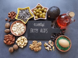 Food High In Linoleic Acid. Natural Food Sources Of Omega 6 And Omega 3 Essential Fatty Acids. Good Fats - Nuts, Seeds, Oils, Vegetable; Concept Of Healthy And Balanced Diet.