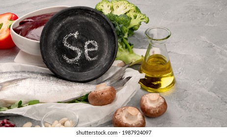 Food High In Selenium On Light Gray Background. Healthy Eating Concept. 