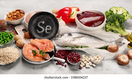 Food High In Selenium On Light Gray Background. Healthy Eating Concept. 