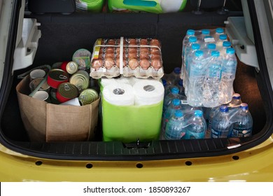 Food Hoarding In A Car Trunk During Coronavirus Pandemic