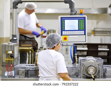 Food Industry - Biscuit Production In A Factory On A Conveyor Belt 