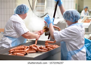 Food Industry Workplace - Butchery Factory For The Production Of Sausages - Women Working On The Assembly Line 