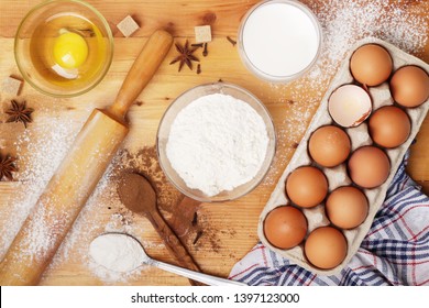 Food Ingredients For Baking: Flour, Eggs, Milk, Sugar