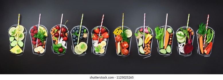 Food ingredients for blending smoothie or juice on painted glass over black chalkboard. Top view with copy space. Organic fruits, vegetables, nuts, seeds. Vegan, detox, clean eating concept.