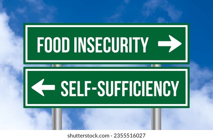 Food insecurity or self sufficiency road sign on cloudy sky background
