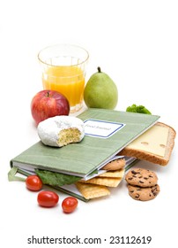 Food Journal Or Diary Surrounded With Different Foods.  Health And Diet Concept.