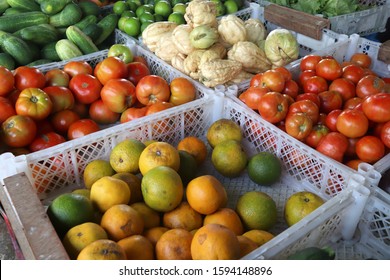 Food Market Place In Guadeloupe. Caribbean Fruit And Vegetables.