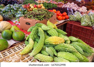 Food Market Place In Guadeloupe. Caribbean Fruit And Vegetables.