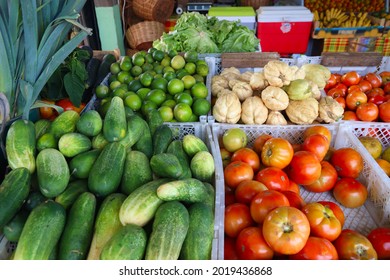 Food Market Place In Guadeloupe. Caribbean Fruit And Vegetables.