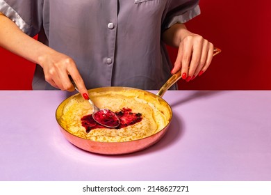 Food Master Class. Pop Art Photography. Cropped Portrait Of Girl And Hot Pancakes With Jam On Lilac Color Tablecloth. Vintage, Retro 80s, 70s Style. Complementary Colors, Copy Space For Ad, Text