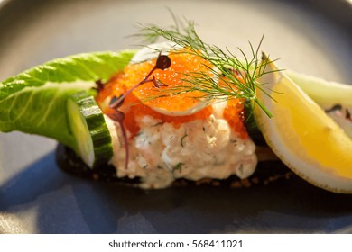 Food, New Nordic Cuisine And Cooking Concept - Close Up Of Toast Skagen With Shrimps, Lemon Mayonnaise, Caviar And Buttery Bread On Plate