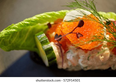 Food, New Nordic Cuisine And Cooking Concept - Close Up Of Toast Skagen With Shrimps, Lemon Mayonnaise, Caviar And Buttery Bread On Plate