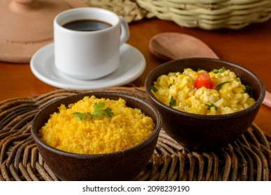 Food From The Northeast Of Brazil. Corn Couscous With Egg In Clay Bowl.