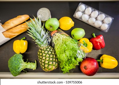 A Lot Of Food On The Counter In Supermarket. Top View