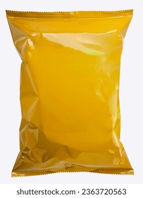 Food Packaging, Foil and plastic snack bags mockup isolated on white background, Yellow colored pillow packages for food production on White Background With clipping path.