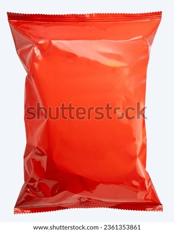 Food Packaging, Foil and plastic snack bags mockup isolated on white background, Orange colored pillow packages for food production on White Background With clipping path.