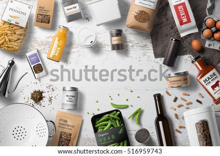  Food packaging set, bottles, cans, jars, pachages, bags on a white table,  top view with copy space