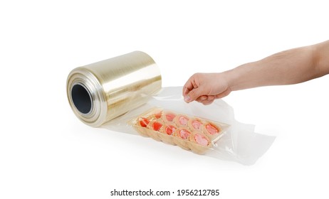 Food Packed In Thermo Shrink Film On White Background