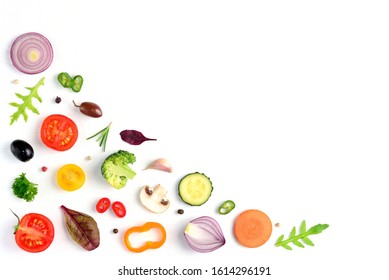 Food Pattern With Raw Fresh Ingredients Of Salad - Tomato, Cucumber, Onion, Herbs. Vegetables Isolated On White Background. Healthy Eating Concept. Flat Lay, Top View. 