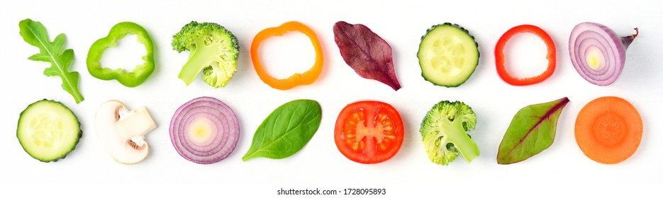 Food Pattern With Raw Fresh Ingredients Of Salad - Tomato, Cucumber, Onion, Herbs And Spices. Vegetables Isolated On White Background. Healthy Eating Concept. Flat Lay, Top View.