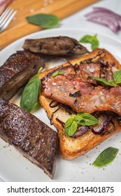 Food Photo Fried Beef Liver With Bacon And Basil